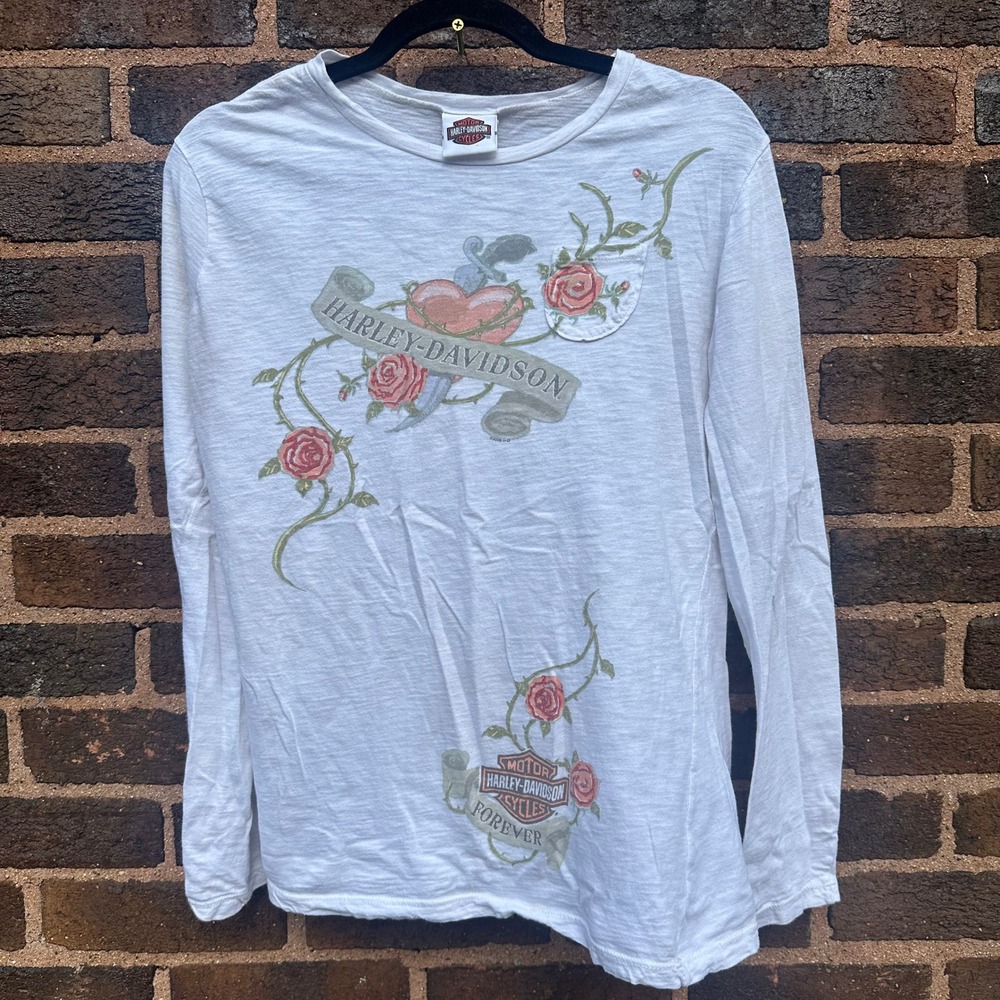 Harley-Davidson Women's Long Sleeve Shirt White Roses Heart Mobile Alabama